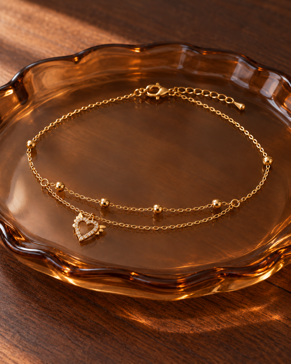 Gold Double Layer Winged Heart Charm Anklet for Women
