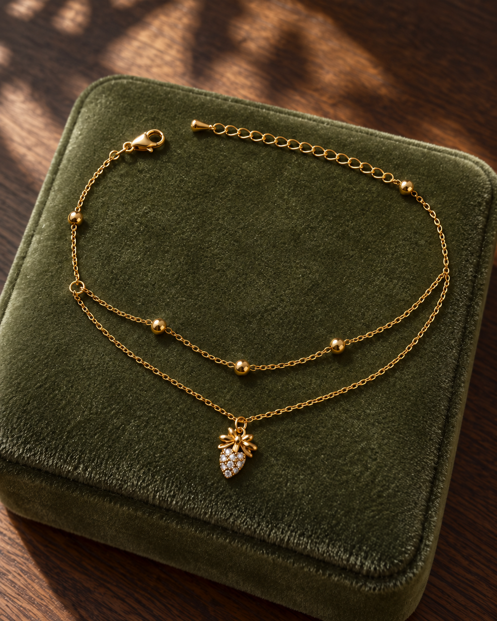 Gold Double Layer Strawberry Charm Anklet for Women