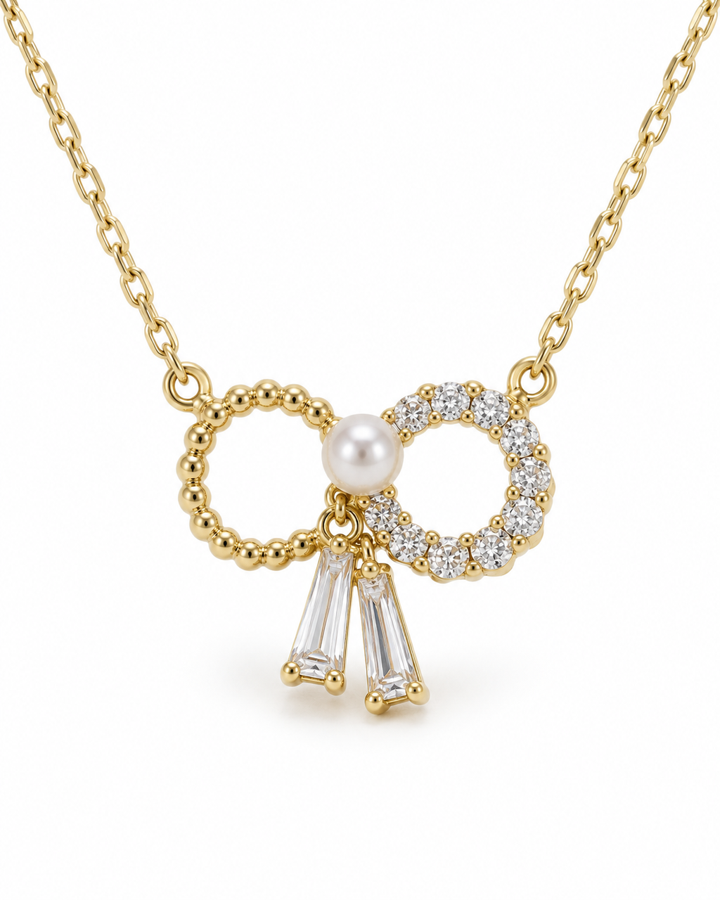 Pearl Accent Crystal Bow Necklace — white background