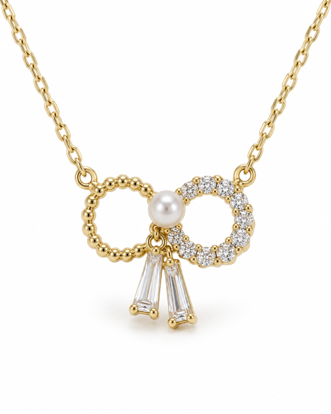 Pearl Accent Crystal Bow Necklace — white background