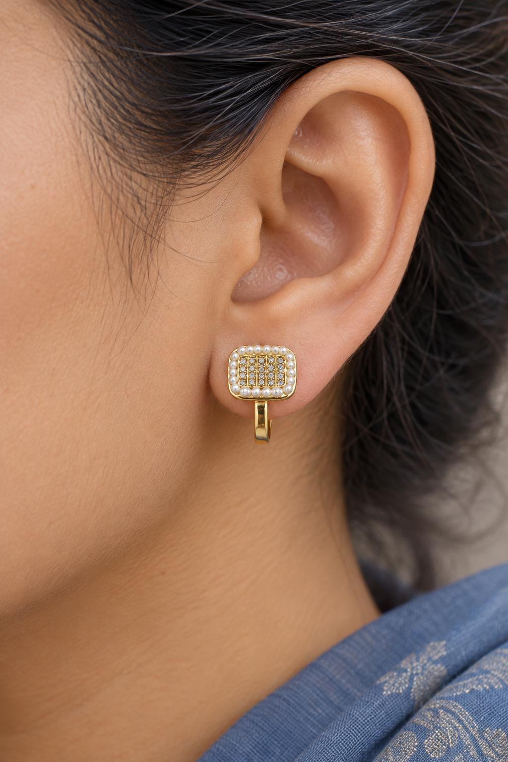 Pearl Border Square Crystal Clip Earrings — worn by model