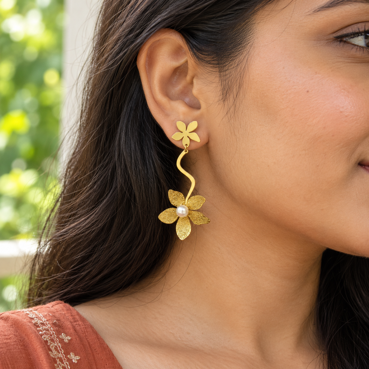S-Curve Flower Pearl Drop Earrings — worn by model