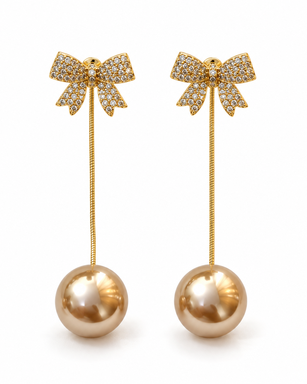 Champagne Bow Long Drop Earrings — white background