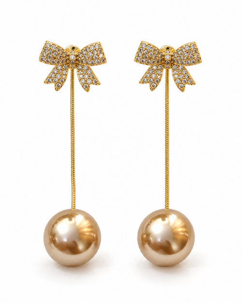 Champagne Bow Long Drop Earrings — white background