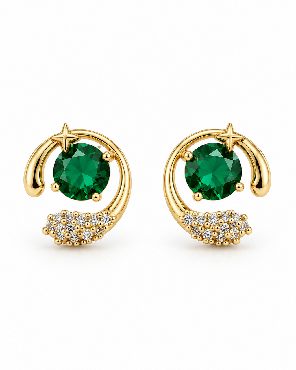 Emerald Green Star Swirl Stud Earrings — white background
