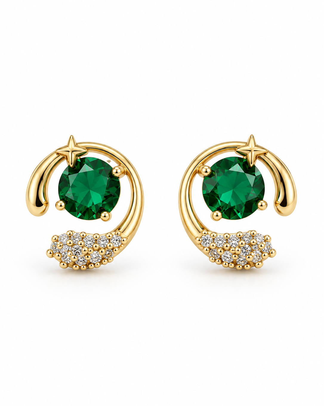 Emerald Green Star Swirl Stud Earrings — white background