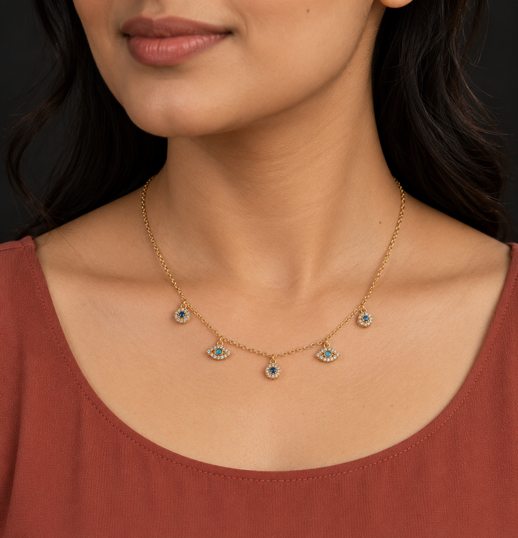 Blue Evil Eye Five Charm Necklace — worn by model