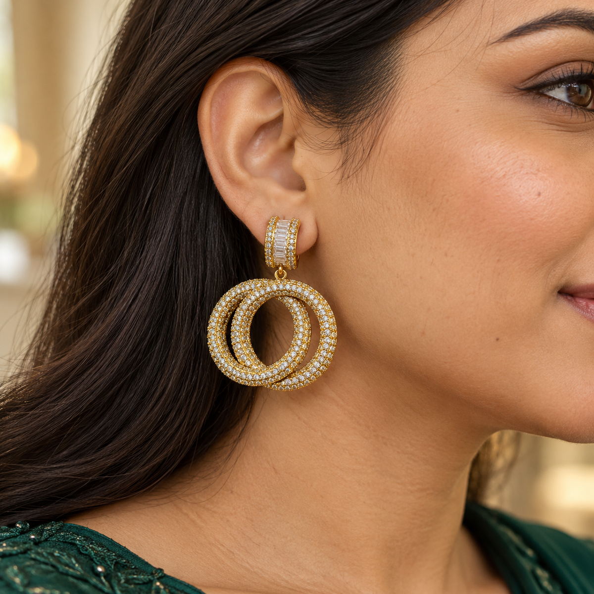 Interlaced Crystal Triple Hoop Earrings — worn by model