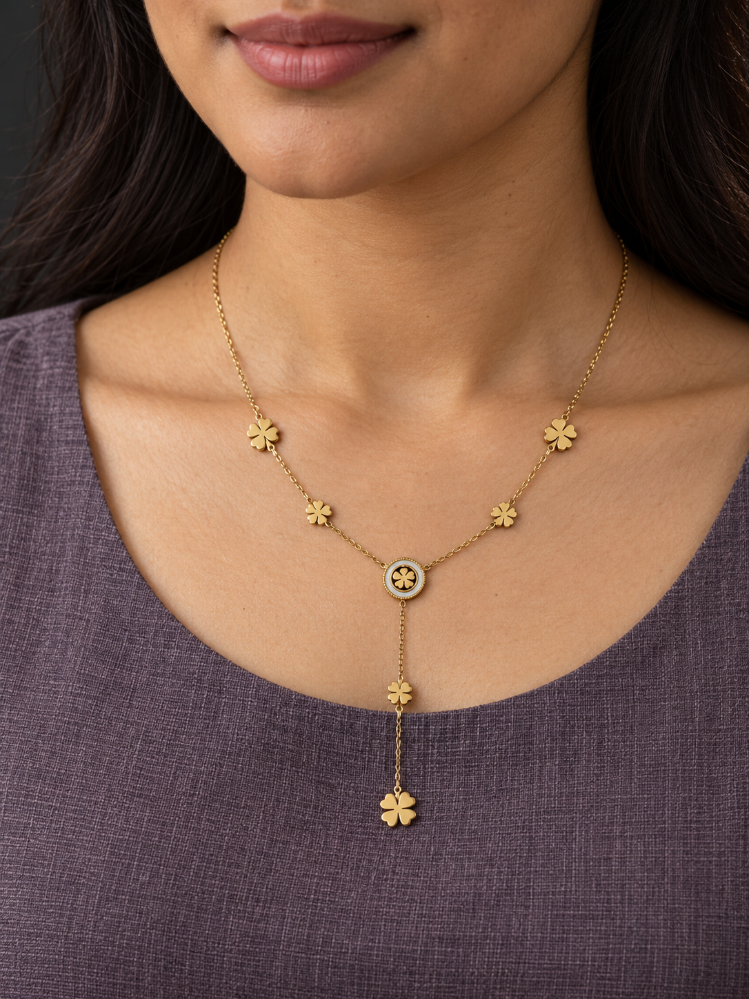 Gold-Tone Clover Medallion Y Necklace — worn by model