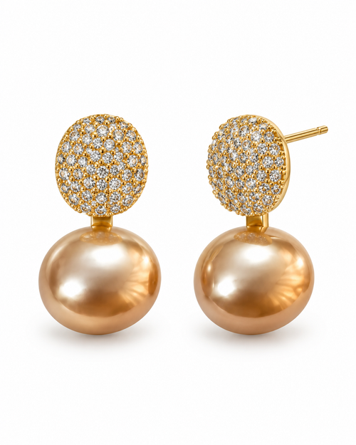 Champagne Pearl Pavé Drop Earrings — white background