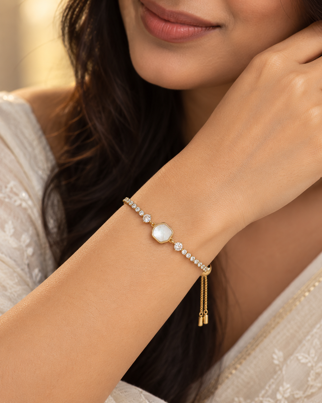 Ivory Irregular Stone Crystal Bracelet — worn by model