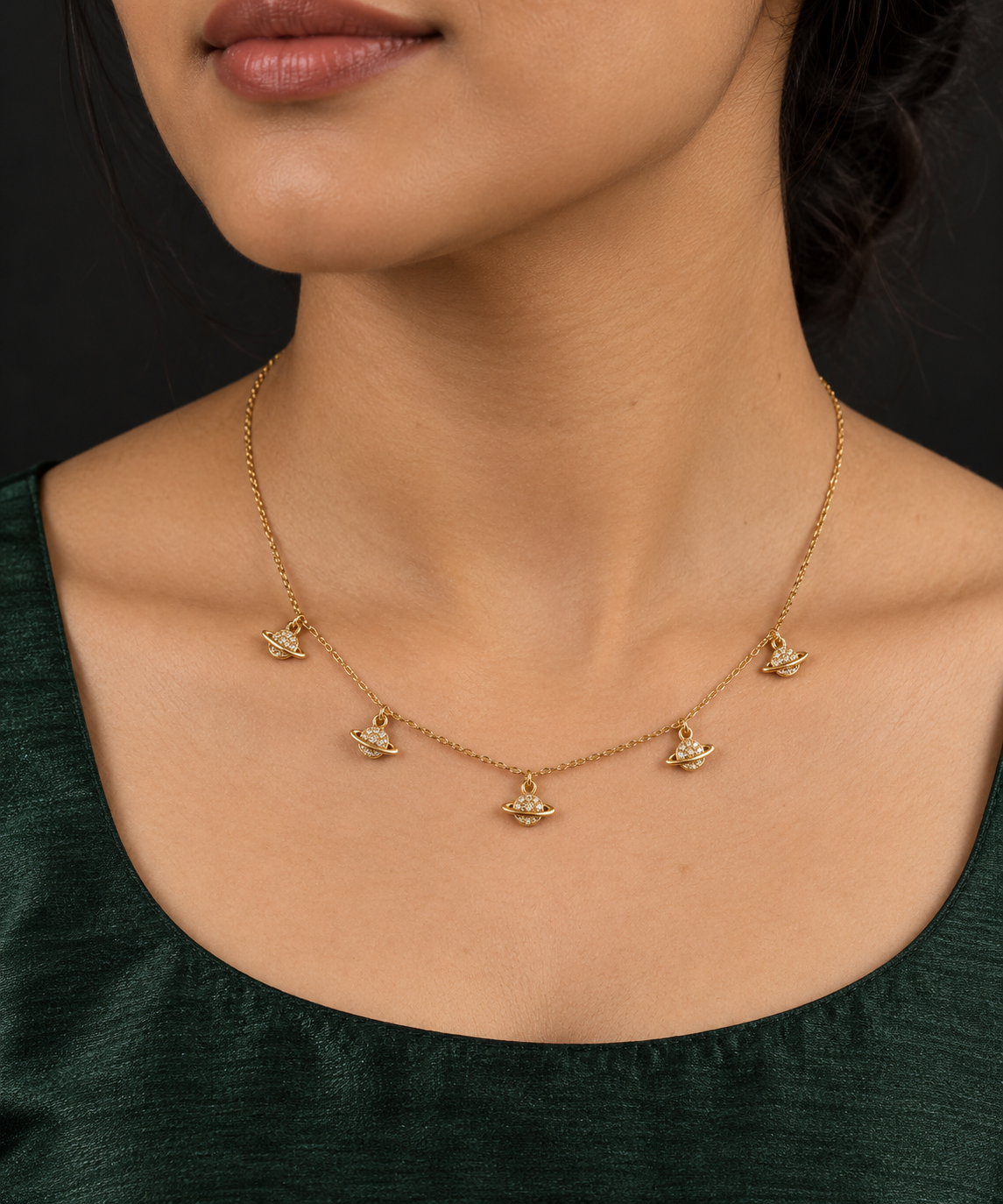 Five Saturn Charm Necklace — worn by model
