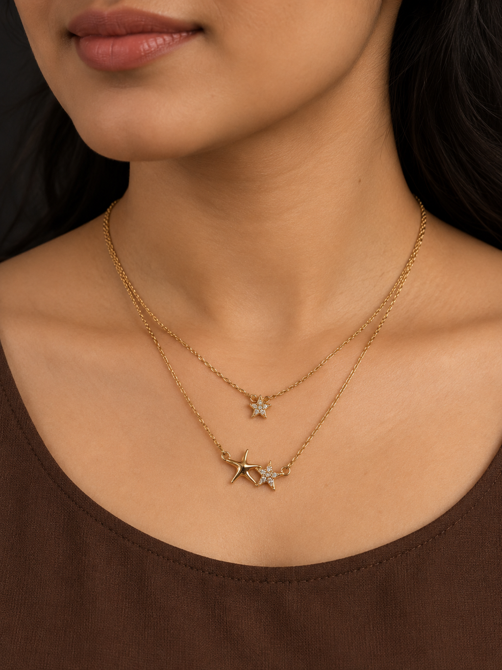Double Tier Three Star Necklace — worn by model