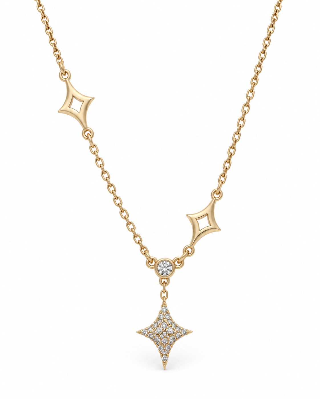 Asymmetric Crystal Star Drop Necklace — white background
