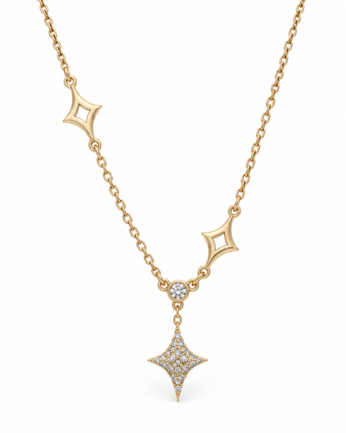 Asymmetric Crystal Star Drop Necklace — white background