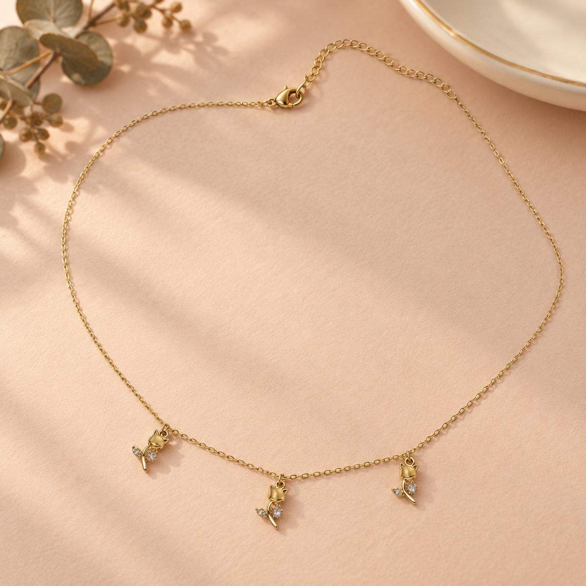 Gold-Tone Trio Cat Charm Necklace — aesthetic setting