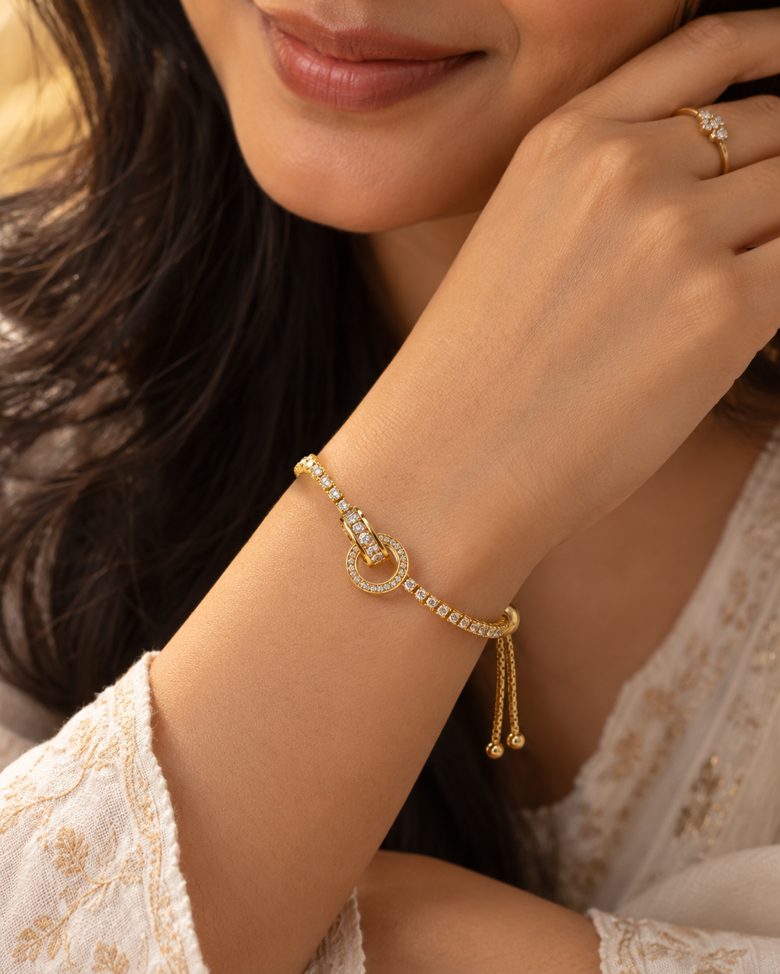 Crystal Circle Link Bolo Bracelet — worn by model