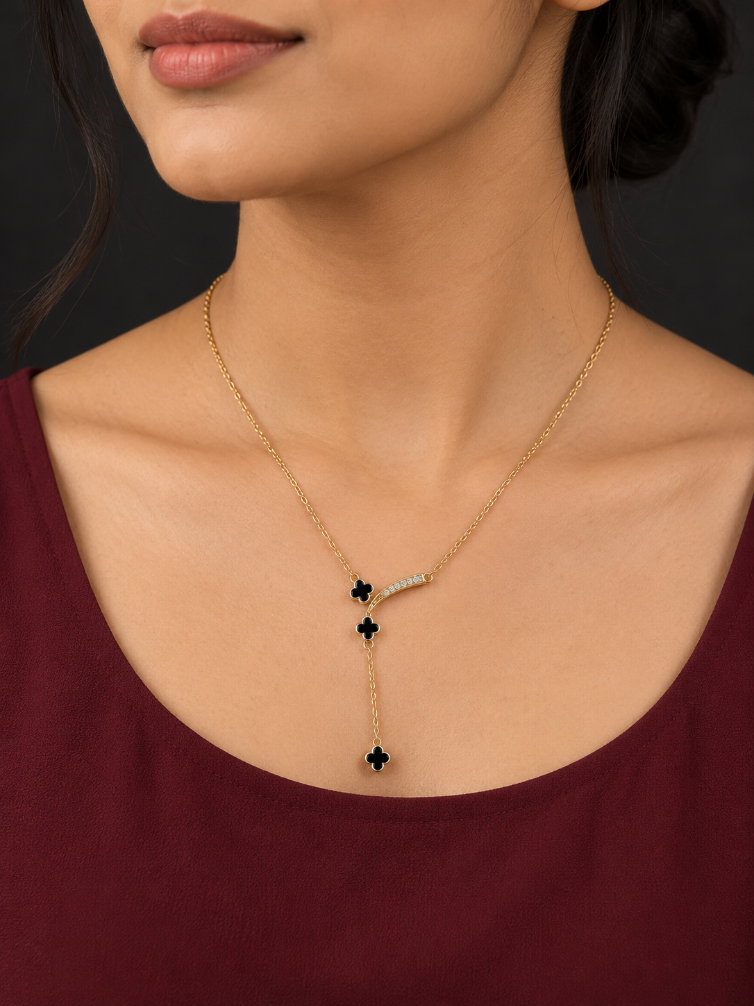 Black Clover Crystal Y Lariat Necklace — worn by model