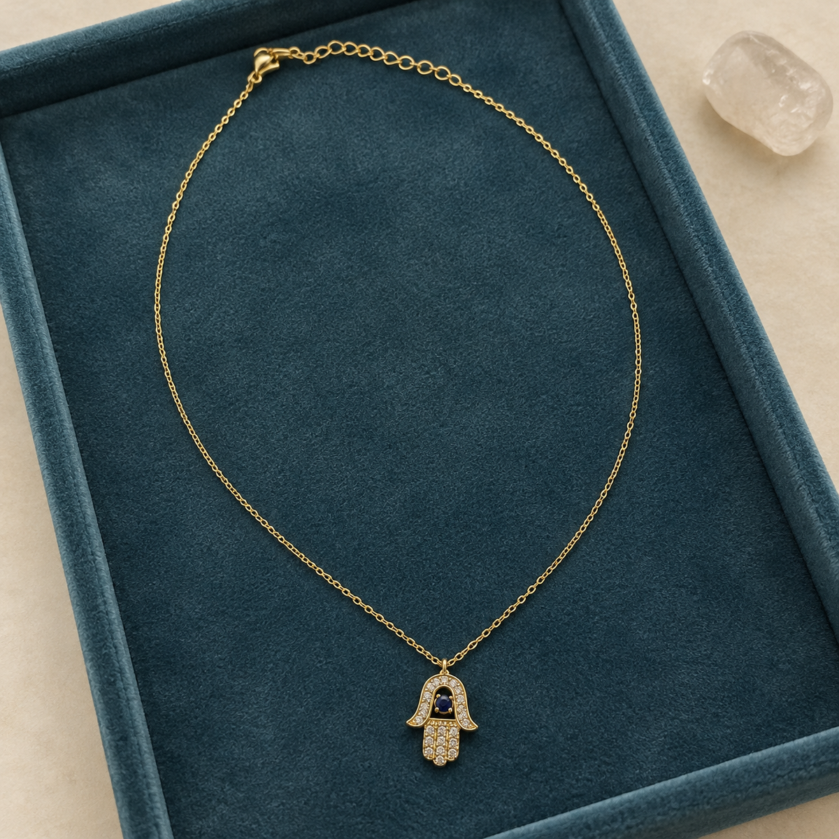 Blue Centre Crystal Hamsa Necklace — aesthetic setting