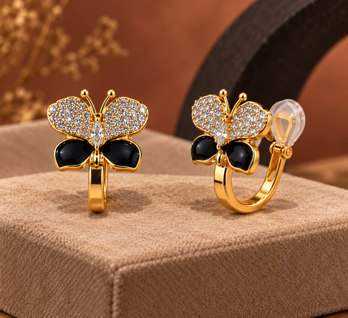 Black & Crystal Butterfly Clip Earrings — aesthetic setting