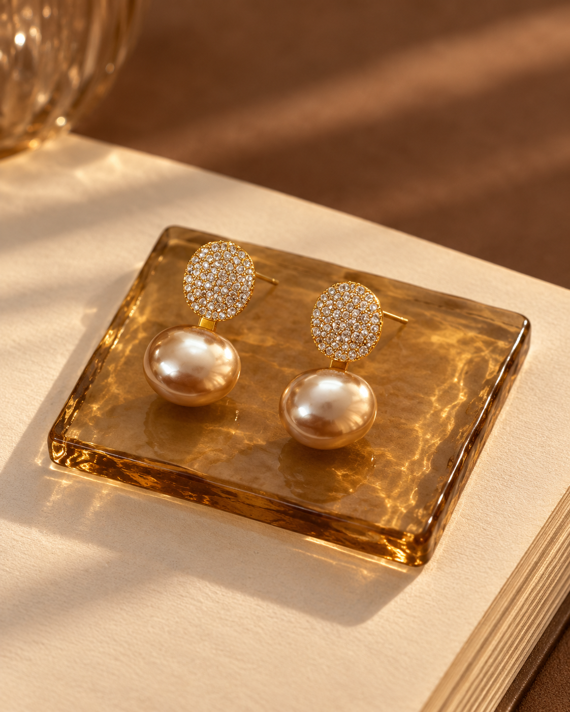Champagne Pearl Pavé Drop Earrings — aesthetic setting