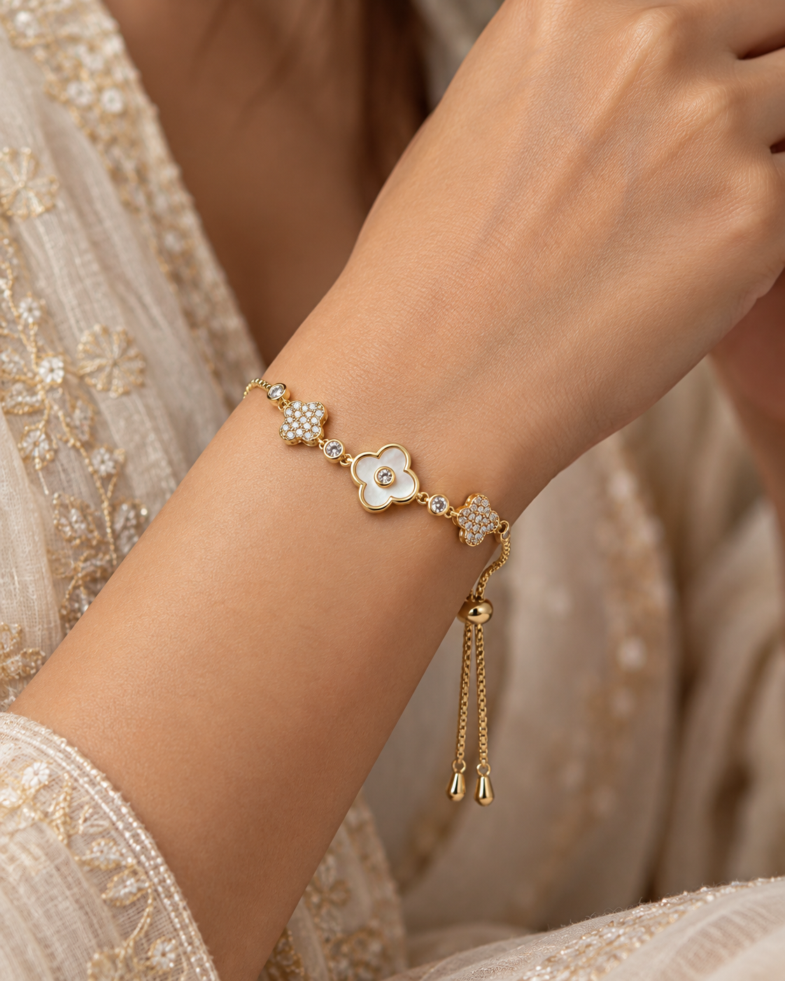 Ivory Clover Crystal Bolo Bracelet — worn by model