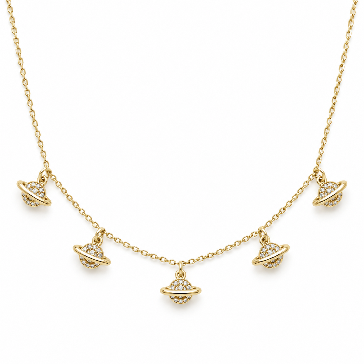 Five Saturn Charm Necklace — white background