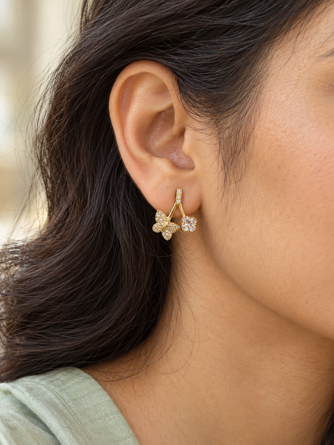 Butterfly & Solitaire Branch Earrings — worn by model