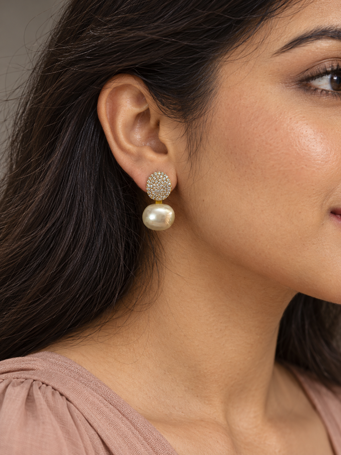 Ivory Baroque Pearl Pavé Drop Earrings — worn by model