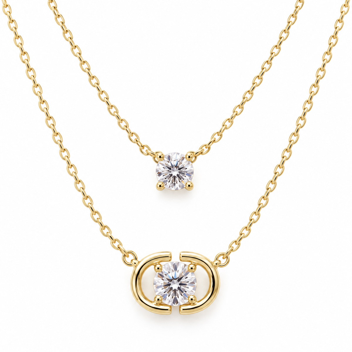 Double Layer Clear Solitaire Necklace — white background