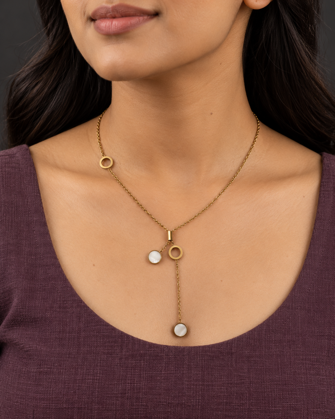 Asymmetric Ivory Circle Lariat Necklace — worn by model