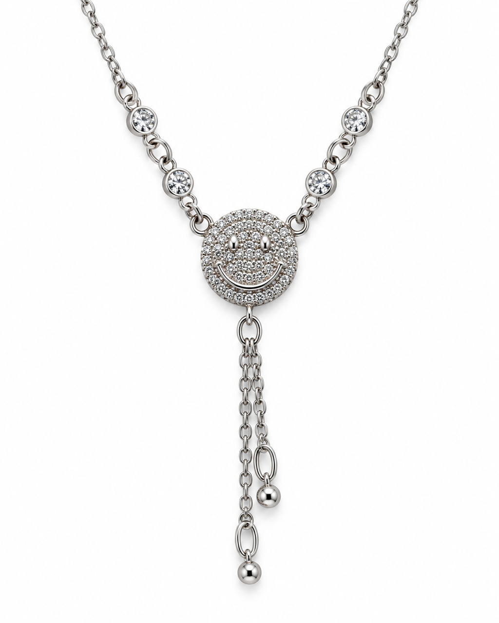 Silver-Tone Crystal Smiley Tassel Necklace — white background
