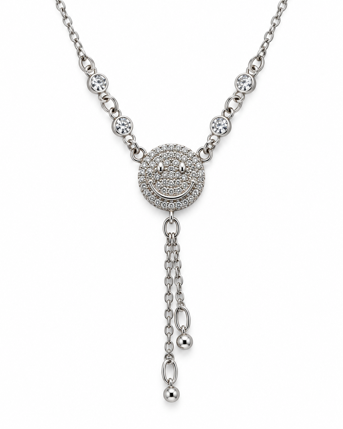 Silver-Tone Crystal Smiley Tassel Necklace — white background