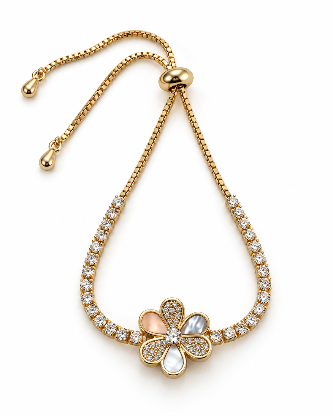 Ivory Petal Crystal Flower Bracelet — white background