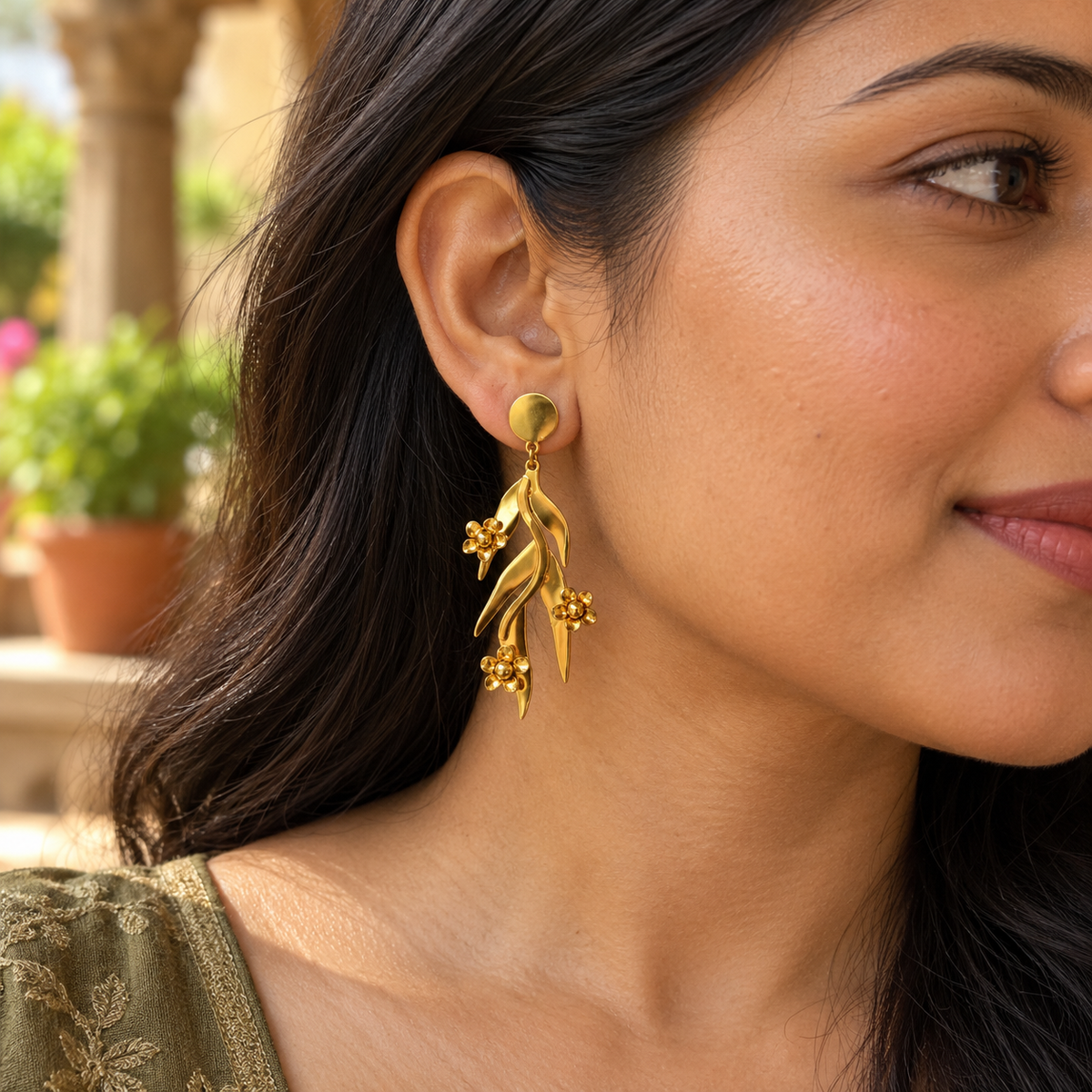 Botanical Gold-Tone Flower Drop Earrings — worn by model