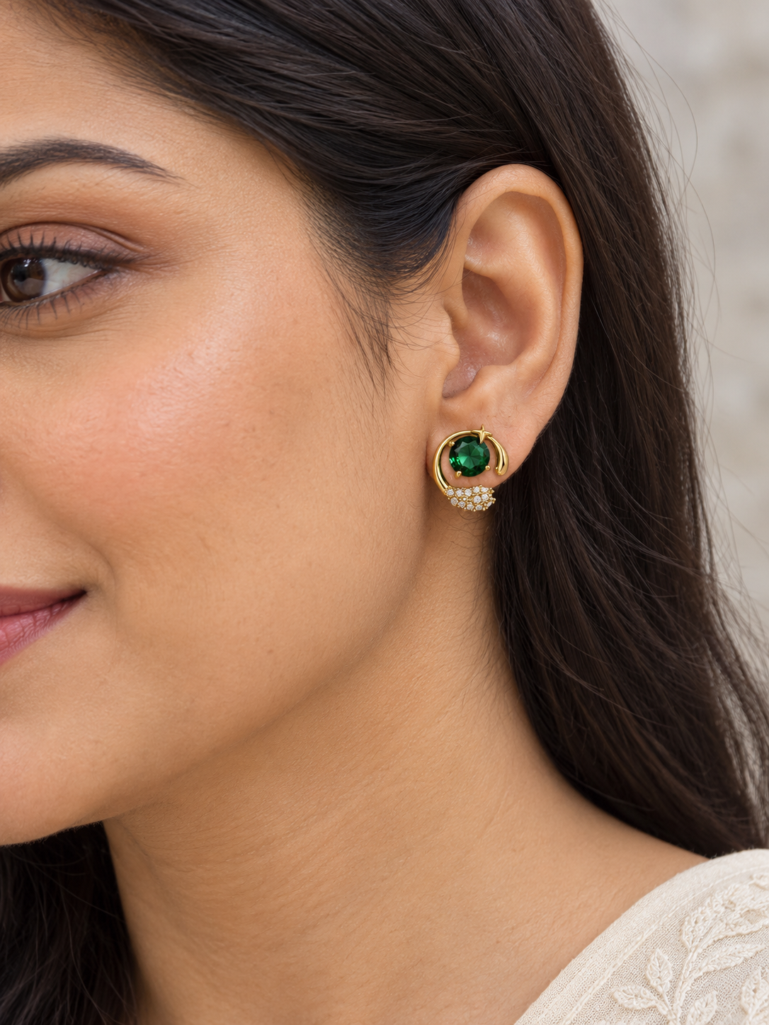 Emerald Green Star Swirl Stud Earrings — worn by model