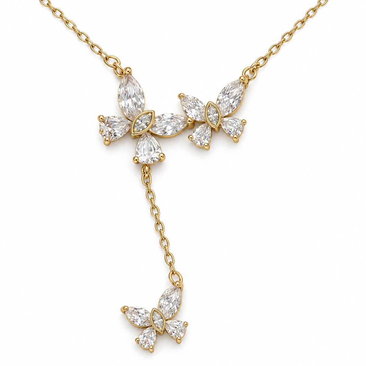 Triple Crystal Butterfly Y Necklace — white background