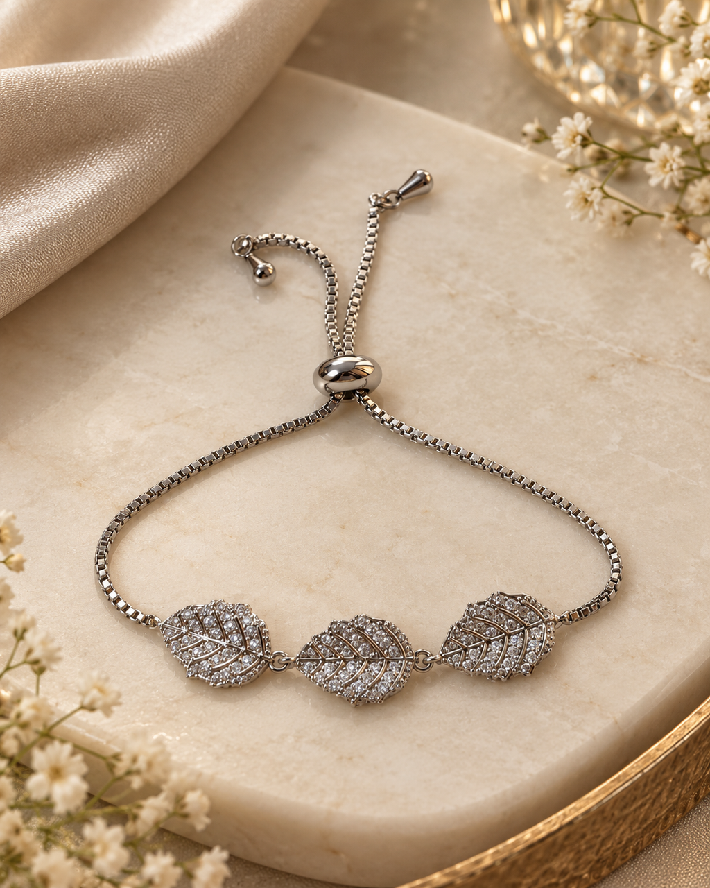 Silver-Tone Triple Leaf Bolo Bracelet — aesthetic setting
