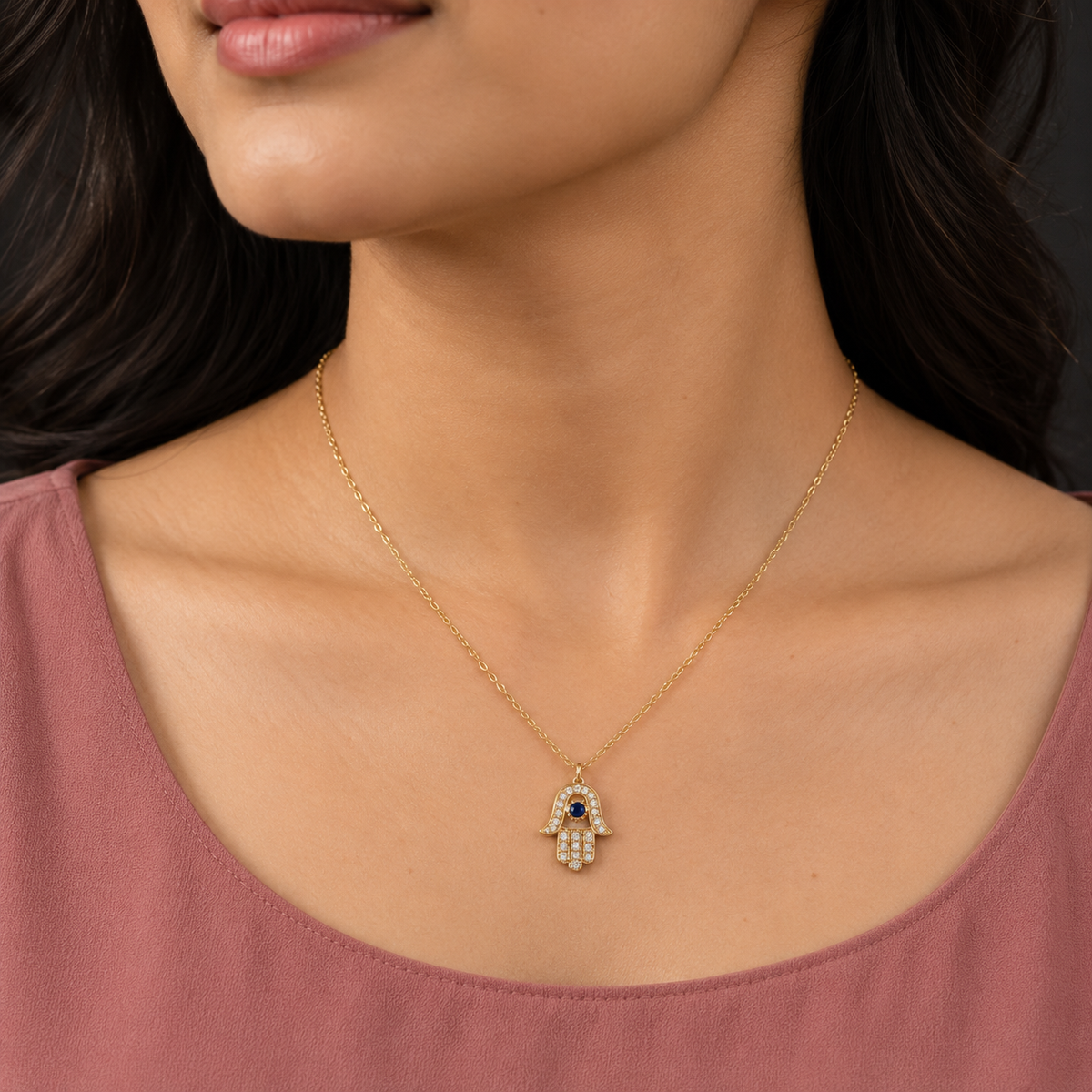Blue Centre Crystal Hamsa Necklace — worn by model
