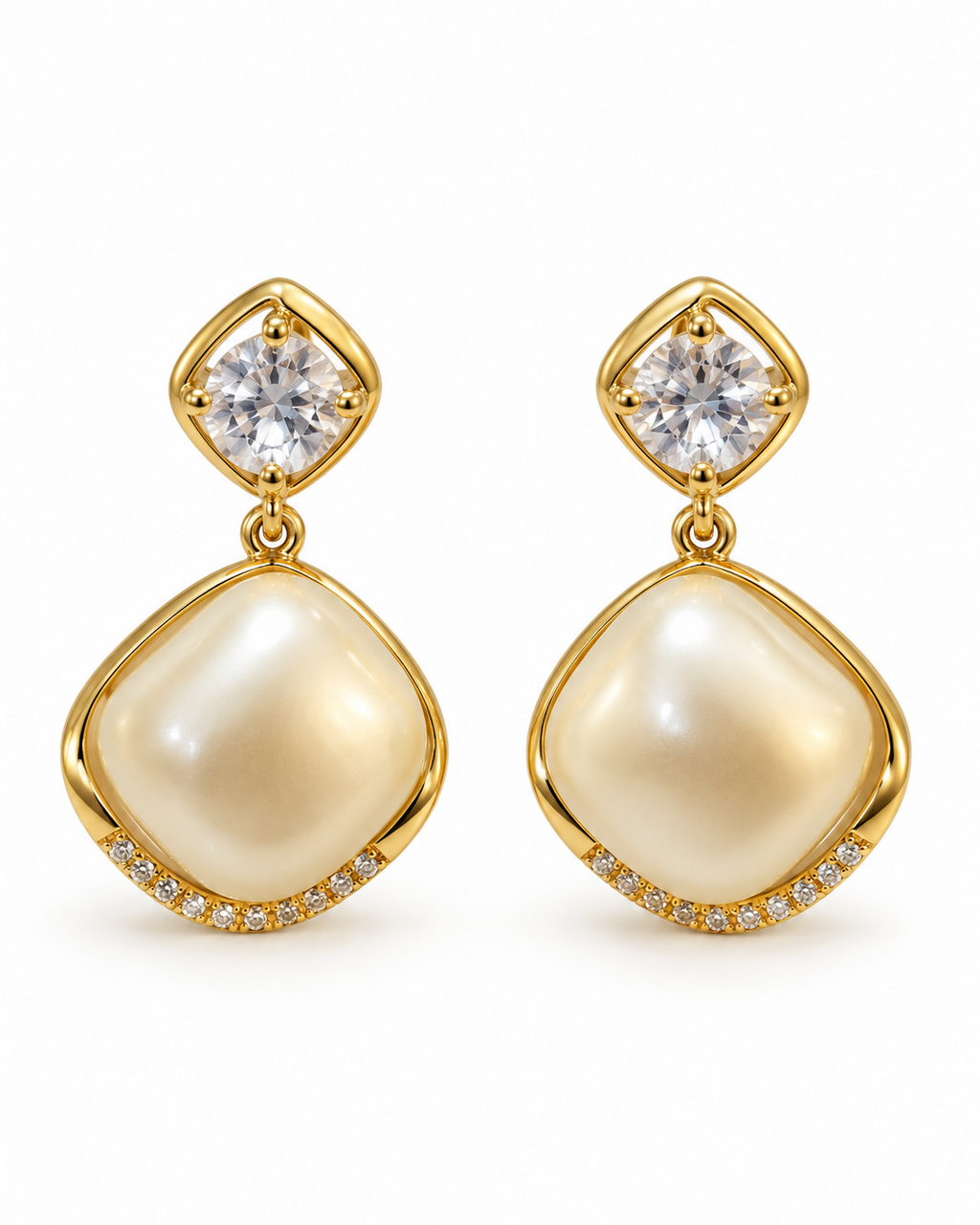 Ivory Cushion Pearl Drop Earrings — white background