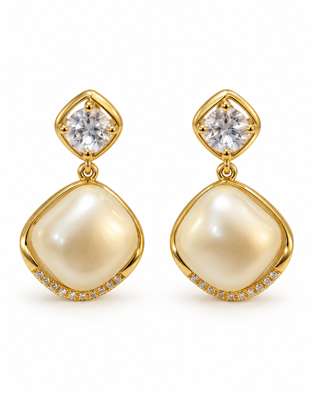 Ivory Cushion Pearl Drop Earrings — white background