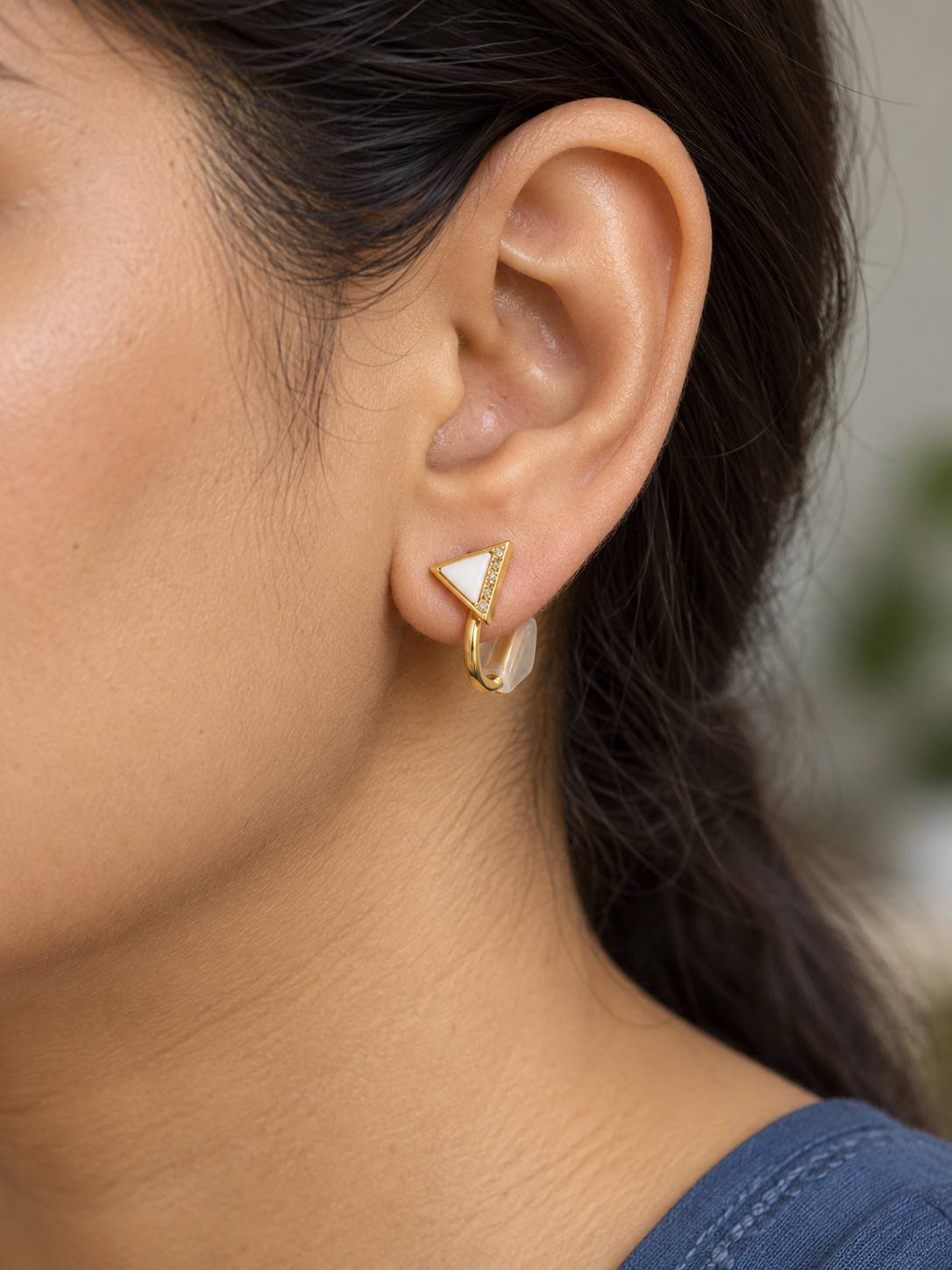 Ivory Triangle Crystal Clip Earrings — worn by model