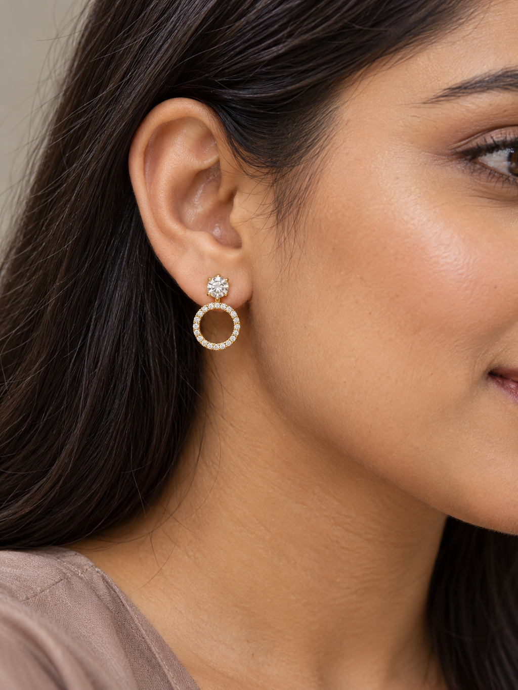 Solitaire Open Circle Drop Earrings — worn by model