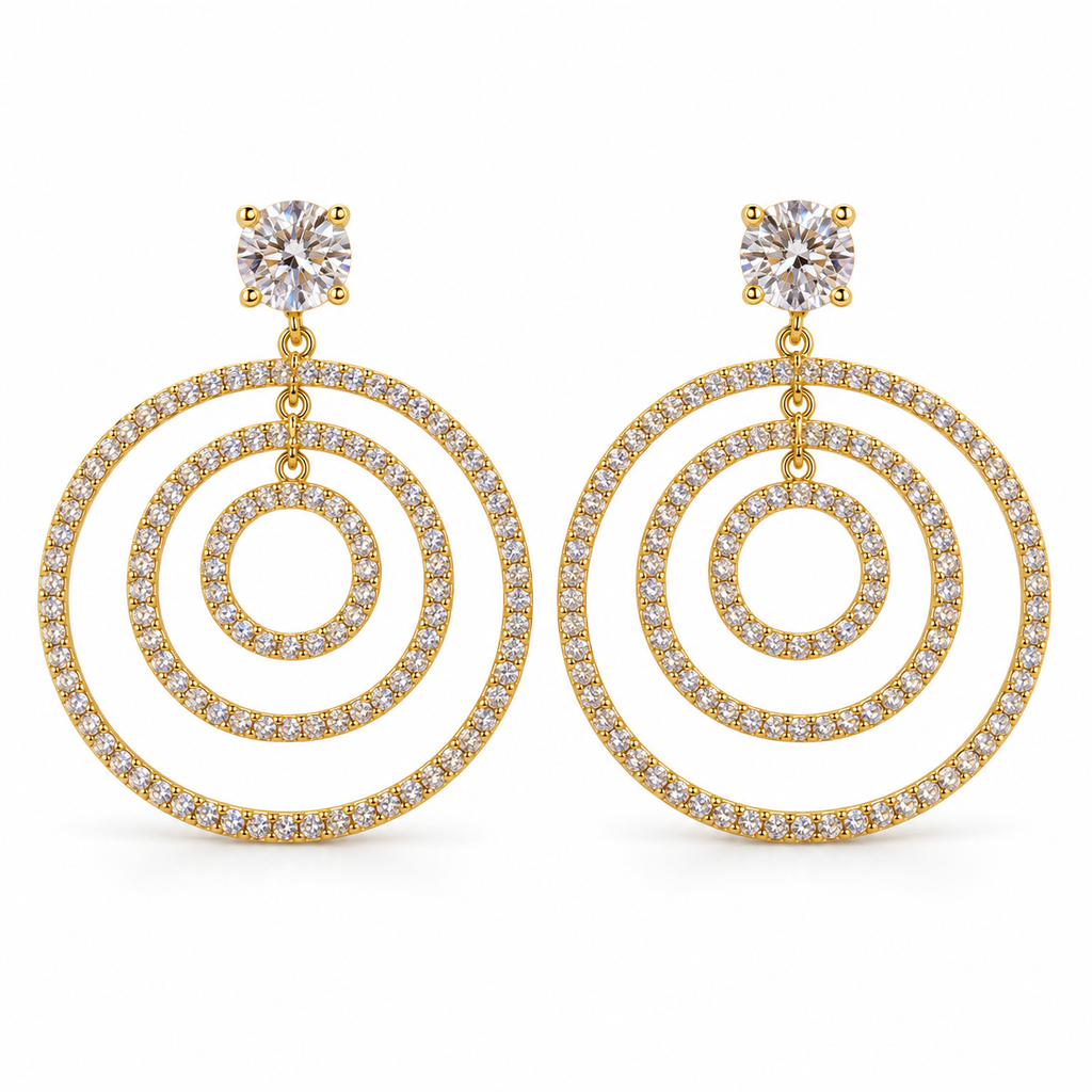 Triple Concentric Crystal Circle Earrings — white background