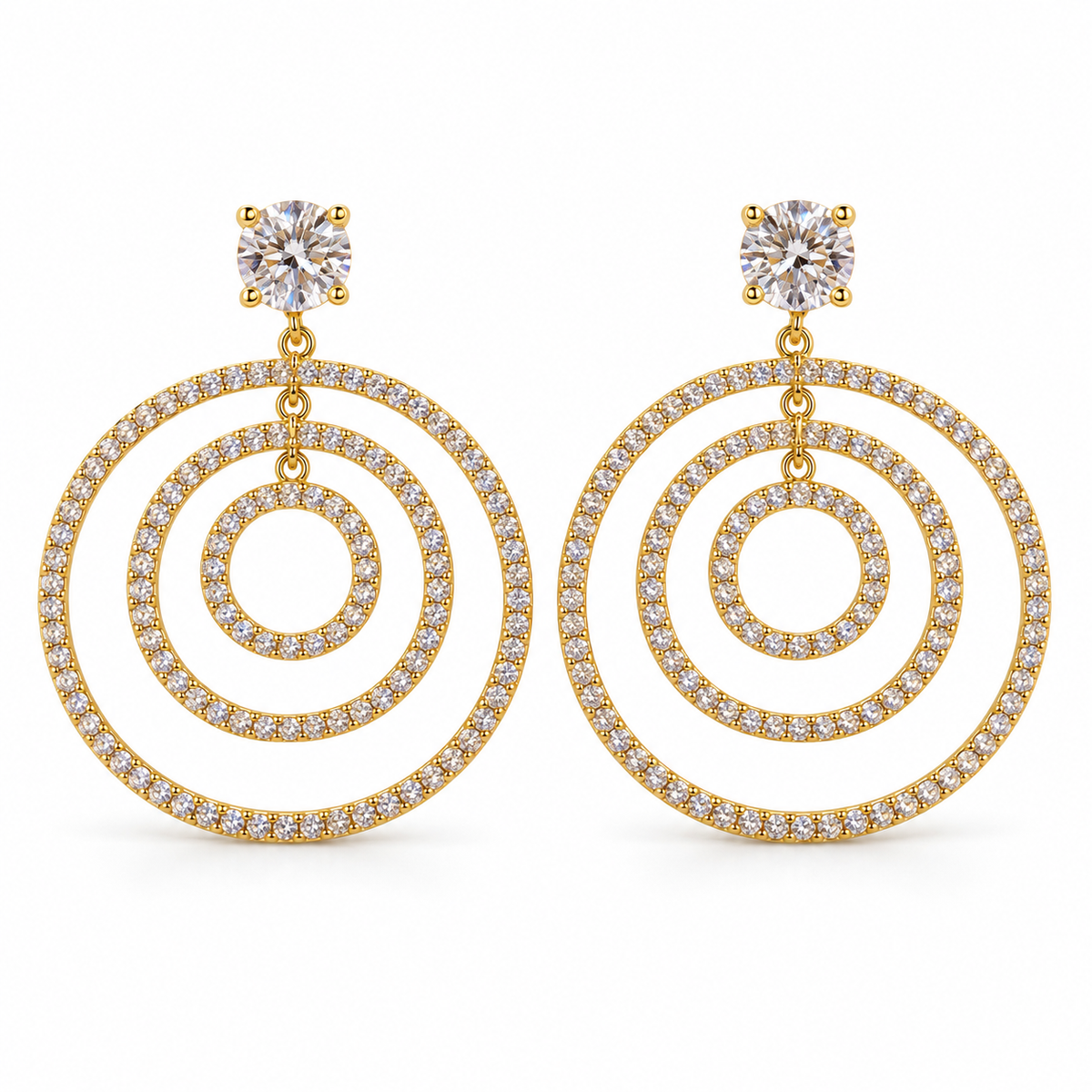 Triple Concentric Crystal Circle Earrings — white background