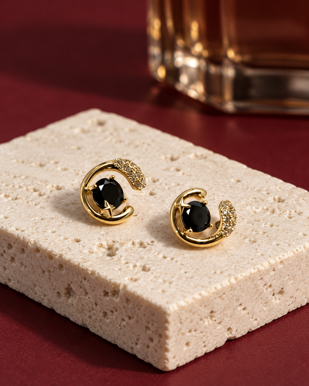 Black Stone Swirl Stud Earrings — aesthetic setting