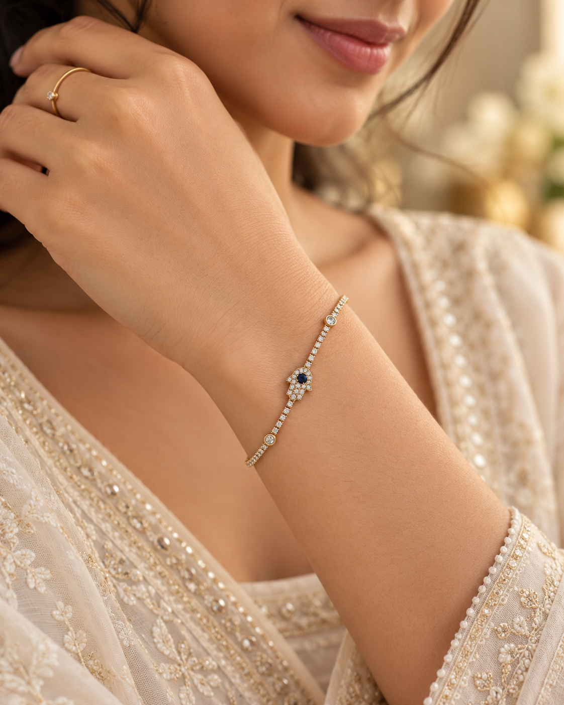 Blue Centre Hamsa Crystal Bracelet — worn by model