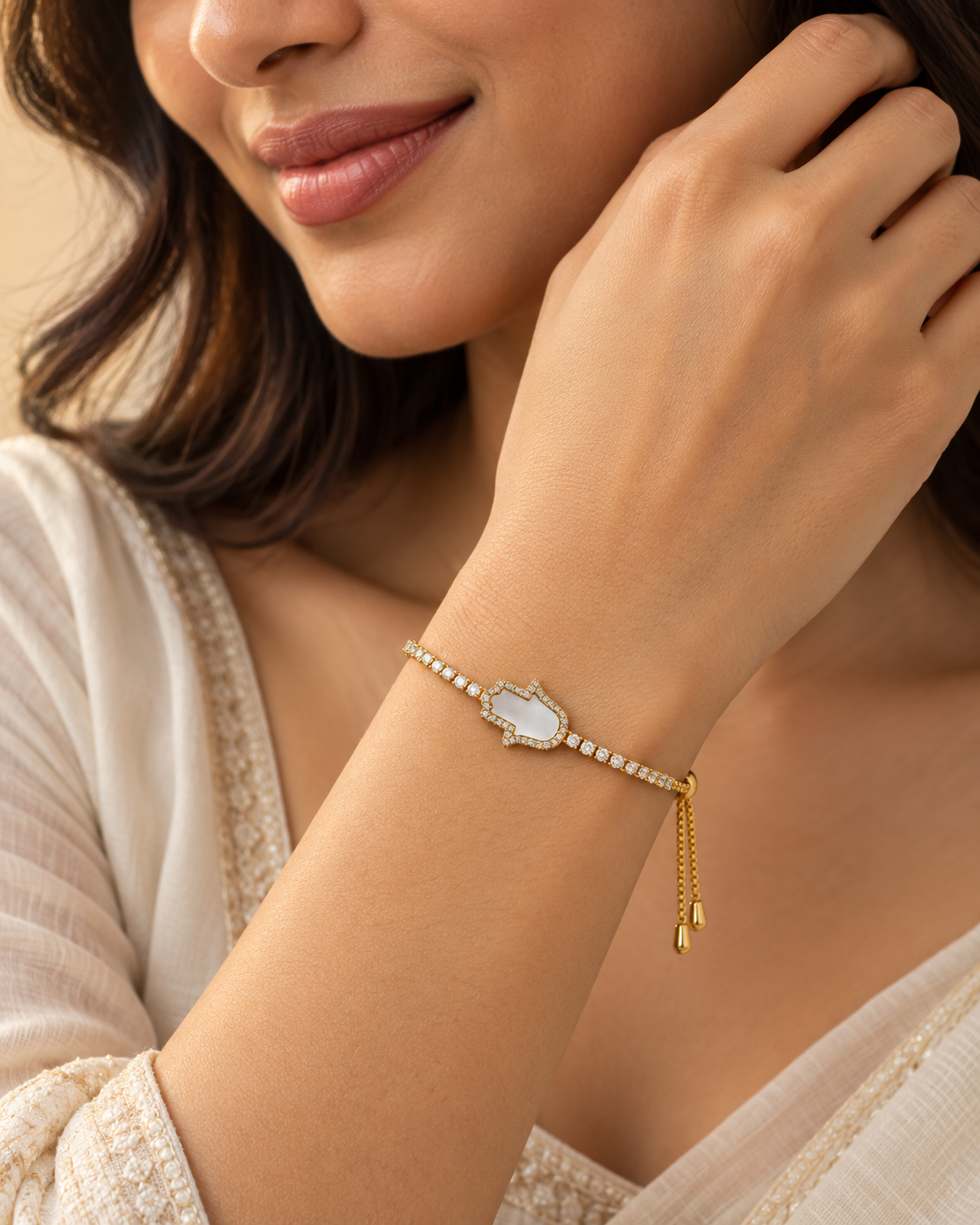 Ivory Hamsa Crystal Bolo Bracelet — worn by model
