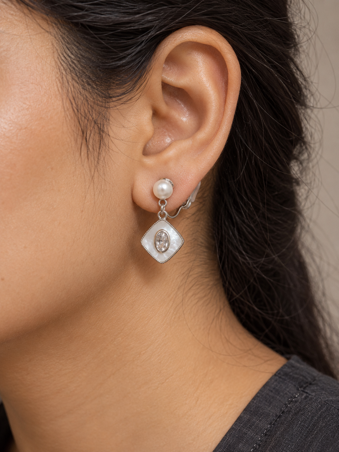 Silver-Tone Ivory Diamond Shape Clip Earrings — worn by model