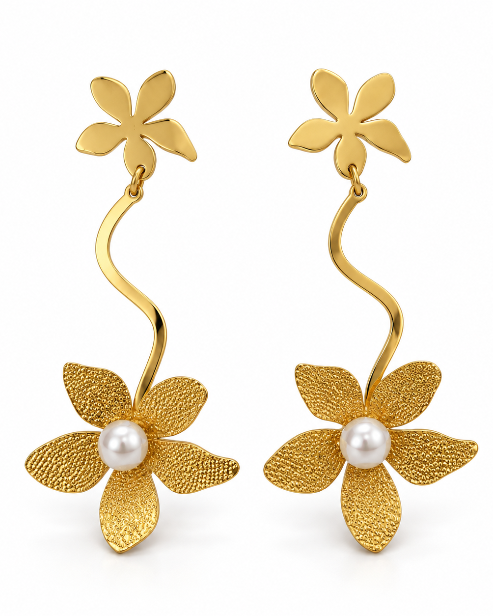 S-Curve Flower Pearl Drop Earrings — white background